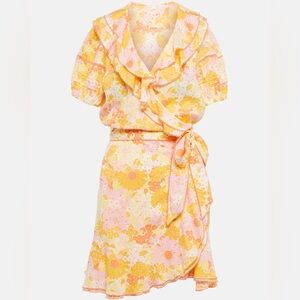 NWT Poupette St Barth Aude Floral Wrap Minidress In Yellow - size Large